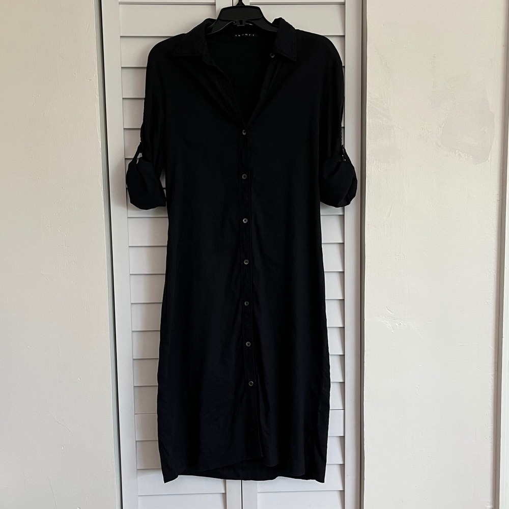 Theory Black Linen Blend Button Down Shirt Dress Long Sleeve Size M